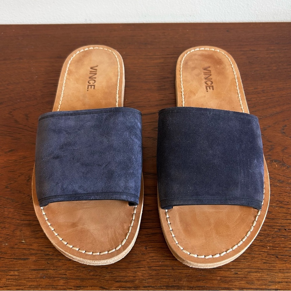 VINCE Suede-Leather Flat Mules Navy - Picture 3 of 8